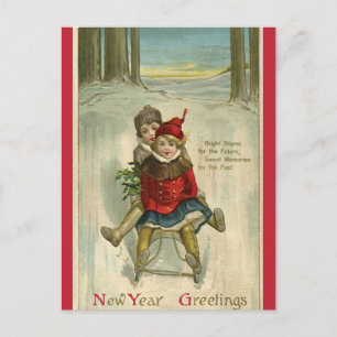 Vintage Children Sleding Gott nytt år Vykort