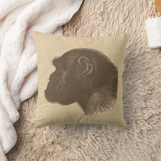 Vintage Chimpanzee Illustration on Burlap Kudde (Filt)