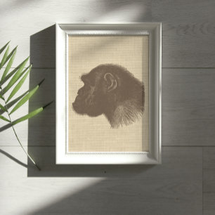 Vintage Chimpanzee Illustration on Burlap Poster