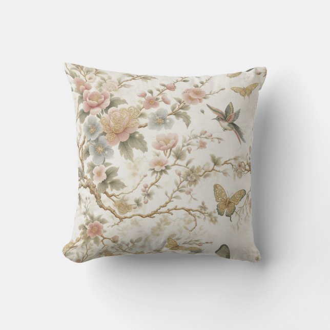 Vintage Chinese Floral Pattern with Hummingbird Kudde (Framsida)