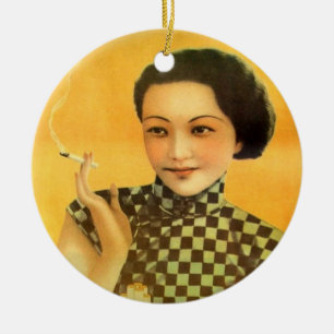 vintage chinese poster gammal kåkkvinna julgransprydnad keramik