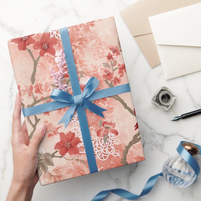 Vintage Chinoiserie Asian Red Rosa White Flowers Presentpapper (Gifting)