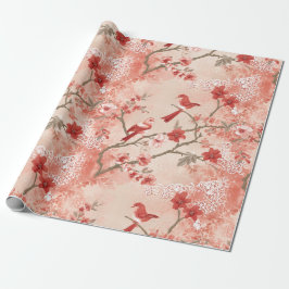 Vintage Chinoiserie Asian Red Rosa White Flowers Presentpapper