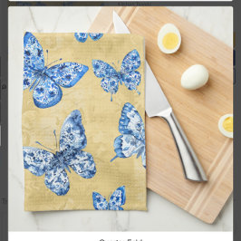 Vintage Chinoiserie Blå Fjärilar Blek Damast Kökshandduk