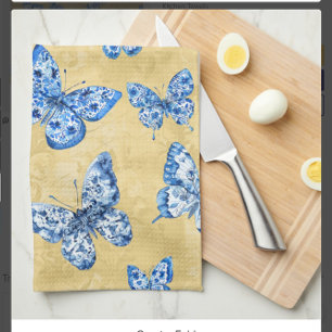 Vintage Chinoiserie Blå Fjärilar Urblekt Damask Kökshandduk
