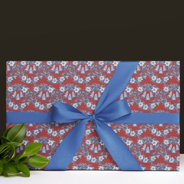 Vintage Chinoiserie Blå Vit Grön Jul  Presentpapper (Blue and white chinoiserie on rich red background)