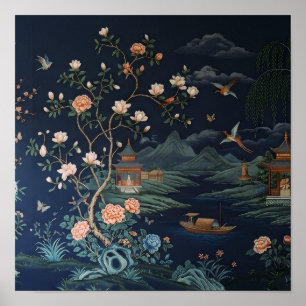 Vintage Chinoiserie Blommig & Landskaps Konst Post Poster