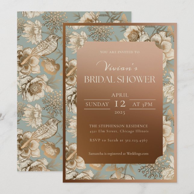 Vintage Chinoiserie Blommigt och fågelMöhippa Inbjudningar (Fram/baksida)