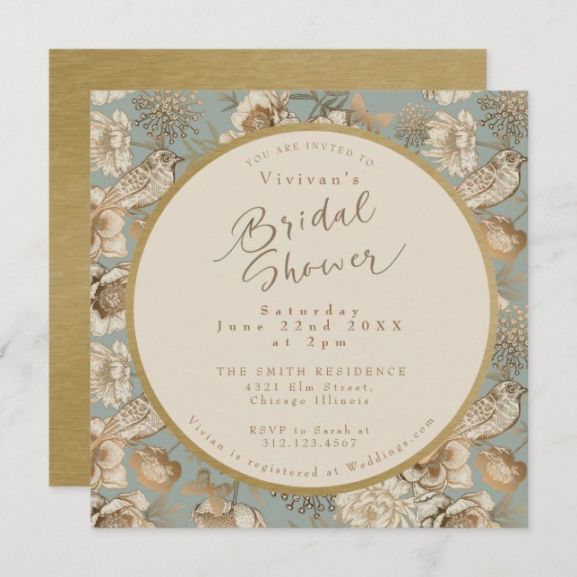 Vintage Chinoiserie Blommigt och fågelMöhippa Inbjudningar (Fram/baksida)