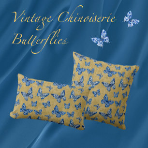 Vintage Chinoiserie Blue Butterflies Faded Damask Kudde