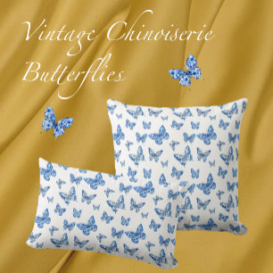 Vintage Chinoiserie Blue Butterflies Faded Damask Kudde