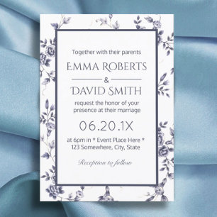 Vintage Chinoiserie Blue & White Blommigt Bröllop Inbjudningar