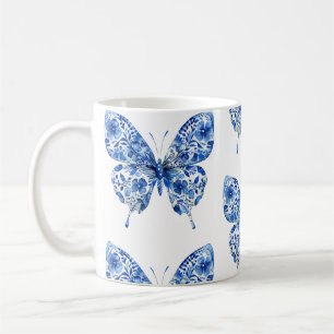 Vintage Chinoiserie Blue White Butterflies Flowers Kaffemugg
