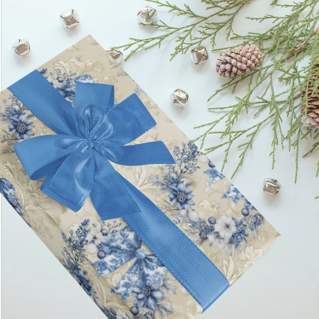 Vintage Chinoiserie Blue White Holiiday  Damask Presentpapper (Elegant chinoiserie wreaths on antique faded damask pattern background. )