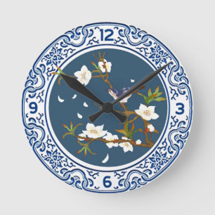 Vintage Chinoiserie Chinese Bird-blomma Art Rund Klocka