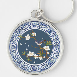 Vintage Chinoiserie Chinese Bird-blomma Art Rund Silverfärgad Nyckelring