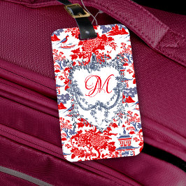 Vintage Chinoiserie Delft Fransk Red Blue monogram Bagagebricka