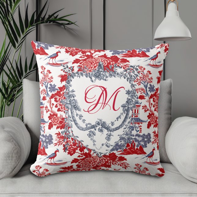 Vintage Chinoiserie Delft Fransk Red Blue monogram Kudde (Skapare uppladdad)