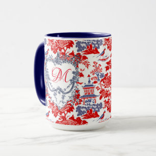 Vintage Chinoiserie Delft Fransk Red Blue monogram Mugg