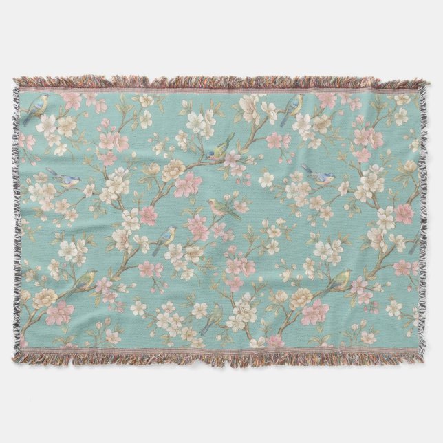 Vintage Chinoiserie Fågel och Blomning Filt (Framsidan)