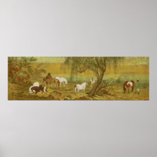 Vintage Chinoiserie Häst under pilträd Finkonst Poster