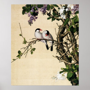 Vintage Chinoiserie Lila och Fåglar Konsttryck Poster