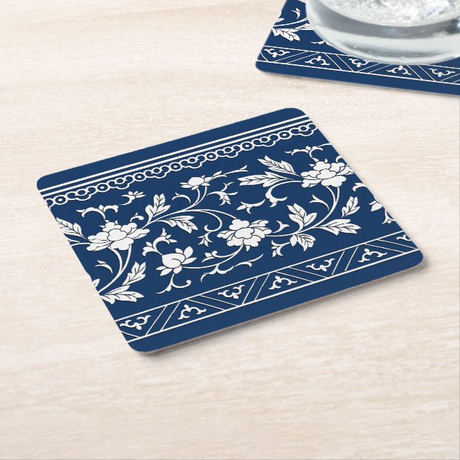 Vintage Chinoiserie Navy Blommigt Papper Underlägg Kvadrat (Vinklad)