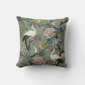 Vintage Chinoiserie Påfågel och Trana Blommig Kudde