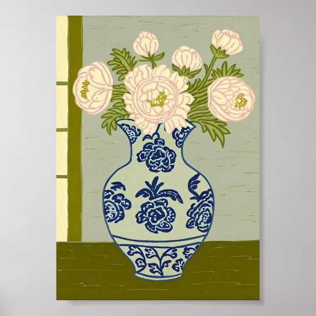 Vintage Chinoiserie Peonies in Blue Willow  Poster (Framsidan)