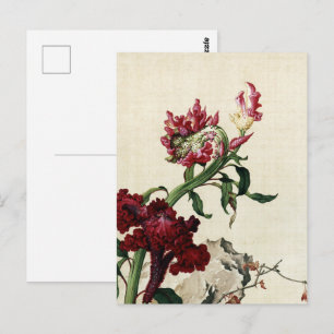 Vintage Chinoiserie Röd Tuppkam Blommig Konst Vykort