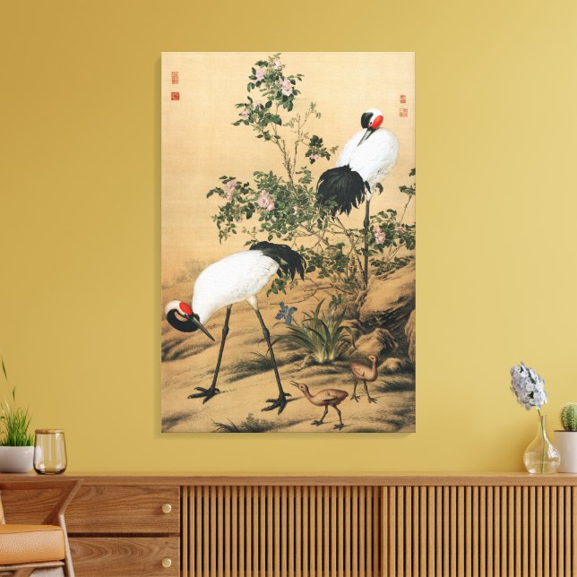 Vintage Chinoiserie Rödkronade Tranor & Rosor Canvastryck (Insitu (Vardagsrum))