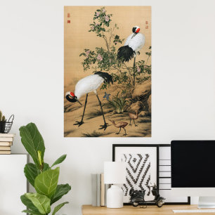 Vintage Chinoiserie Rödkronade Tranor & Rosor Poster