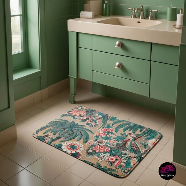 Vintage Chintz Blommigt Tropical Mönster Badrumsmatta (Step onto 1936 tropical chintz and bring timeless vintage charm to your bathroom)