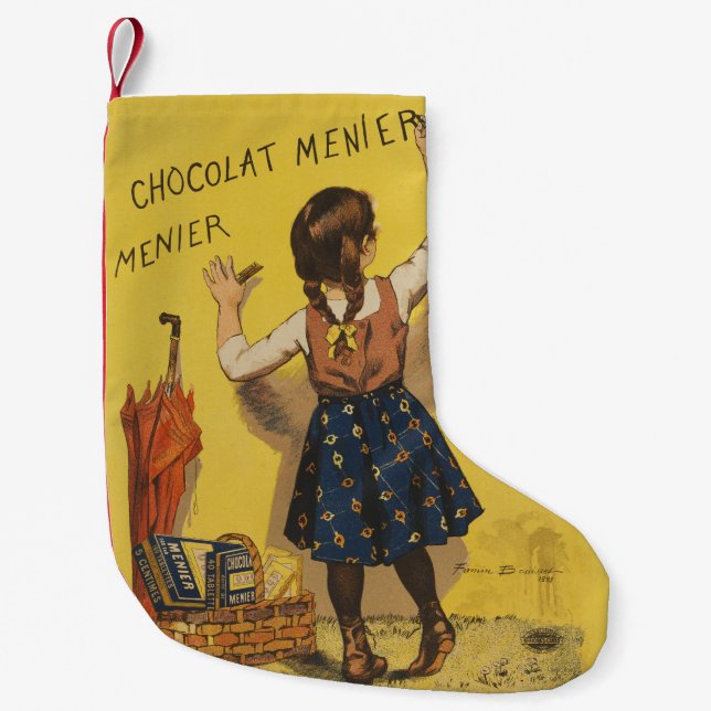 Vintage Chocolat Menier fransk affisch Bouisset ko Liten Julstrumpa (Framsidan)