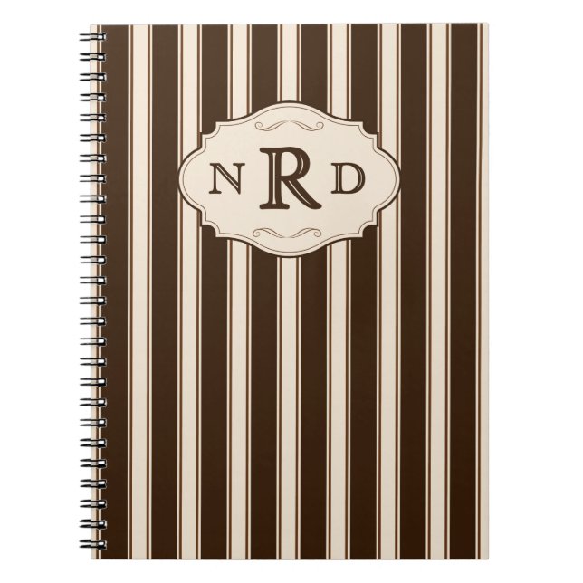 Vintage Chocolate and Cream Stripes Monogram Anteckningsbok (Framsidan)