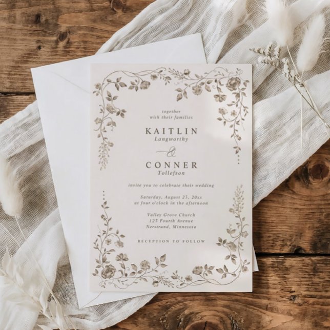 Vintage chokladbrun fransk blombröllop inbjudningar (Ivory wedding invite with chocolate brown vintage floral frame in toile de jouy style)