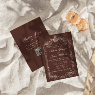 Vintage chokladbrun gamla pengar QR-kod bröllop Inbjudningar