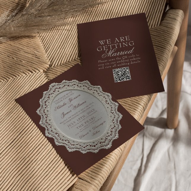 Vintage chokladbrun spetsdoily QR-kod bröllop Inbjudningar (Skapare uppladdad)