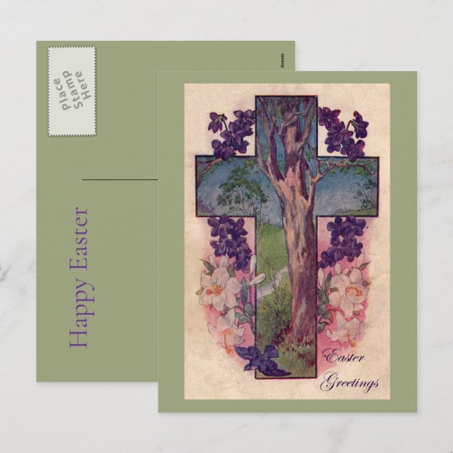 Vintage Christian Tree Easter Postcard Helg Vykort (Fram/baksida)