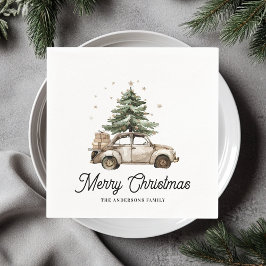 Vintage Christmas Car Watercolor Tree Personalized Pappersservett