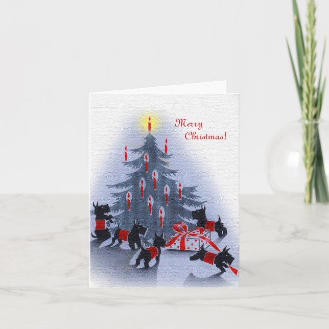 Vintage Christmas Card, Scottie Dogs Helgkort (Framsida)