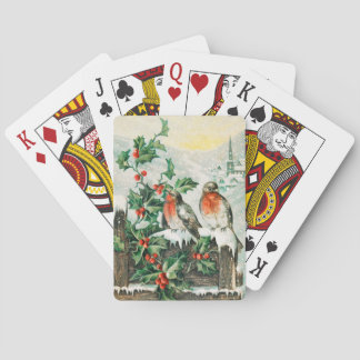 Vintage Christmas Card with Robins, Holly, Church Casinokort