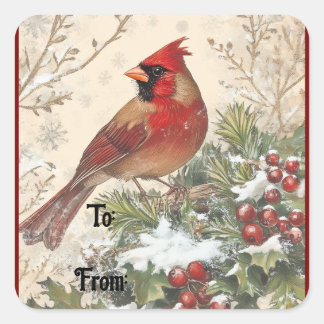 Vintage Christmas Cardinal Gift Sticker Fyrkantigt Klistermärke