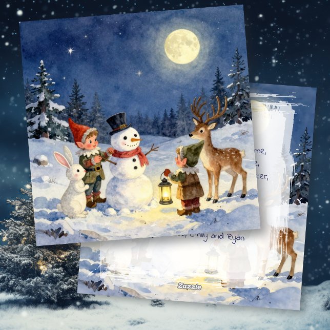 Vintage Christmas Elves and Snowman Personalized Julkort (Skapare uppladdad)