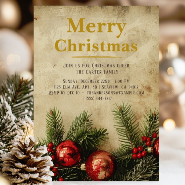Vintage Christmas Gold Invitation Card | Elegant Inbjudningar (Vintage Christmas invitation — burnt parchment background with red & green creeper, timeless charm.!)