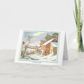Vintage christmas-kort snö vid fabriken helgkort