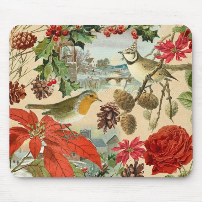 Vintage christmas mousepad w/ bird and red blomma musmatta (Framsidan)