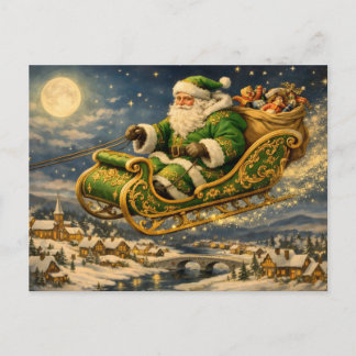 Vintage Christmas Santa Claus in Sleigh with Gifts Helg Vykort
