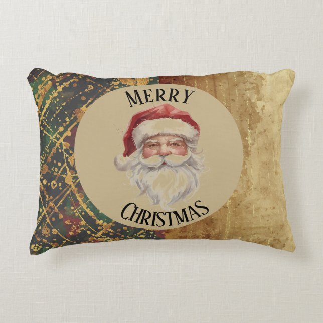 Vintage, Christmas, Santa Claus, Red Gold Green Prydnadskudde (Framsidan)