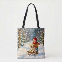 Vintage Christmas Scene, Boy on Sled with Puppy